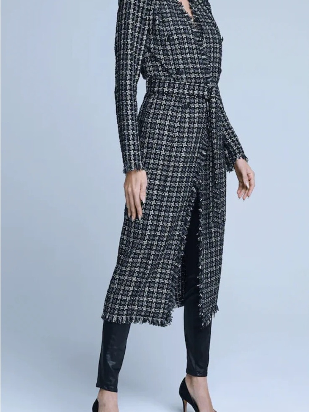 L'AGENCE Oakley Longline Tweed Belted Long Coat jacket